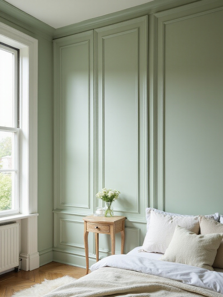 Bedroom with accent wall paneling in sage green color, showcasing texture and depth.