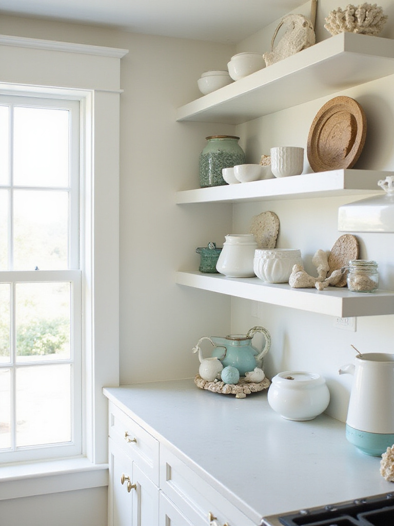 Coastal kitchen with open shelving displaying sea glass and coral decor