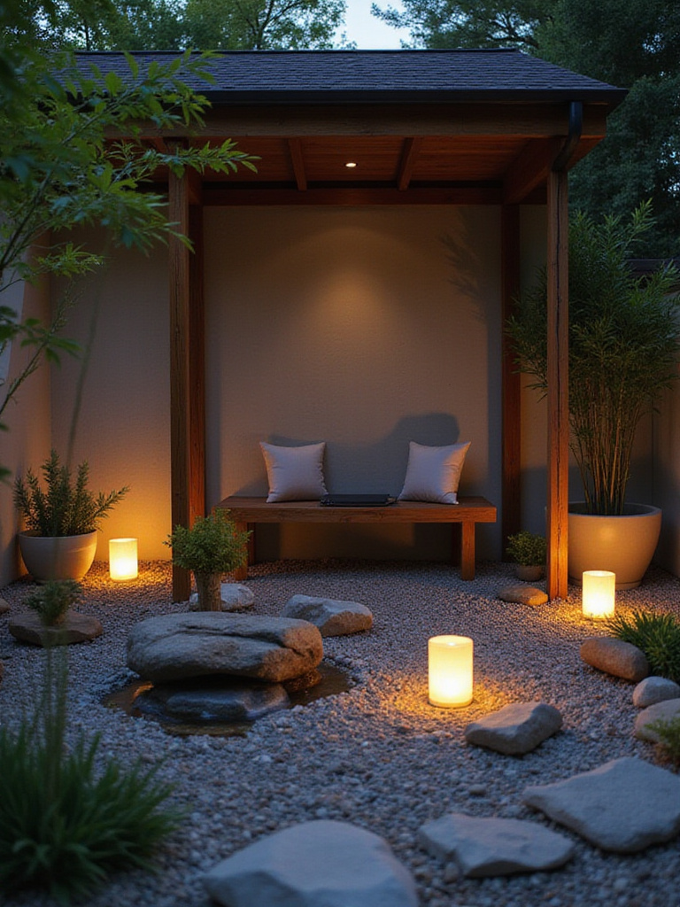 Serene Zen nook with a rock garden, bamboo plants, and a meditation bench in soft evening light.
