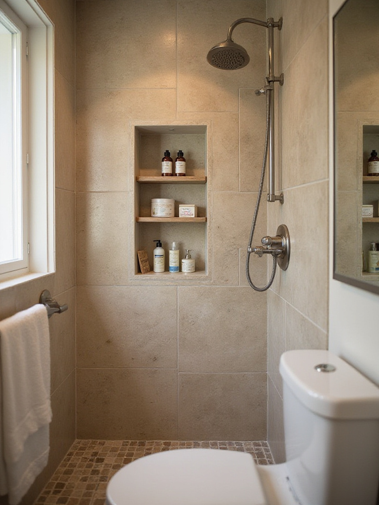 Built-in shower niche with neatly arranged toiletries in a small bathroom