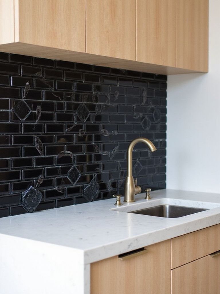 Chic kitchen featuring a black tile backsplash with subway and hexagon tiles.