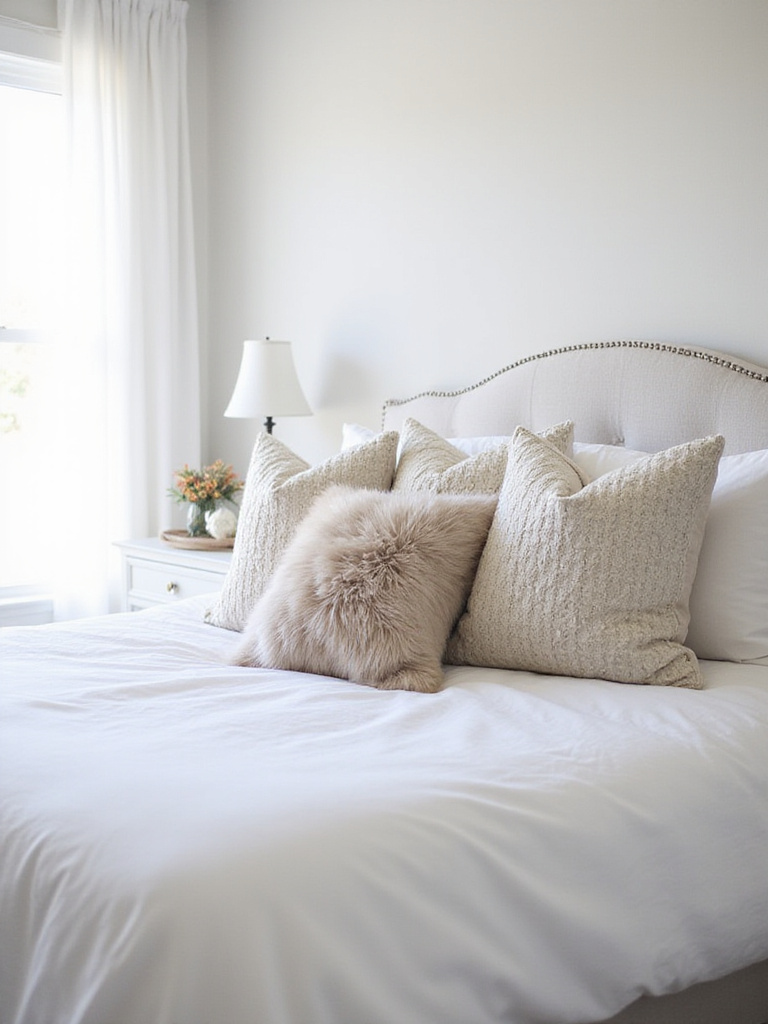 A serene white bedroom featuring a variety of textured throw pillows on the bed.