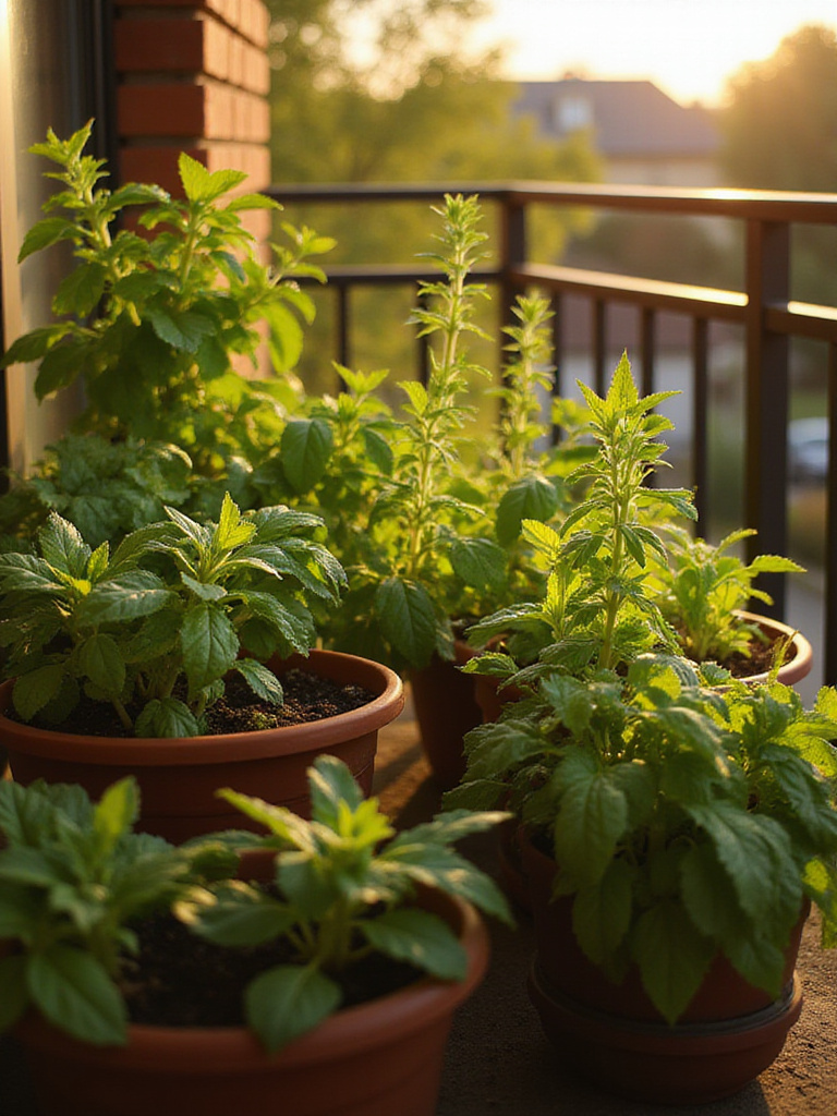 A balcony garden filled with fresh herbs and vegetables in vibrant pots under warm sunlight.