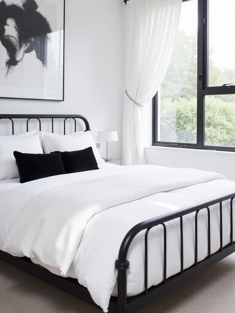 Serene white bedroom with black contrast elements, featuring a black bed frame and abstract art.