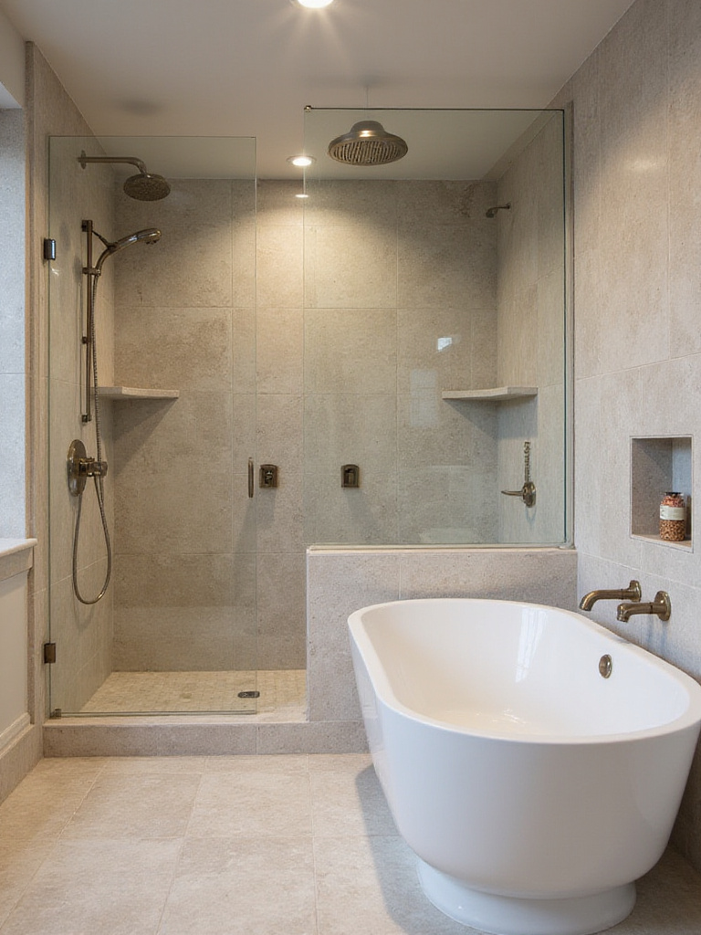 Modern small bathroom wet room with frameless glass shower and soaking tub