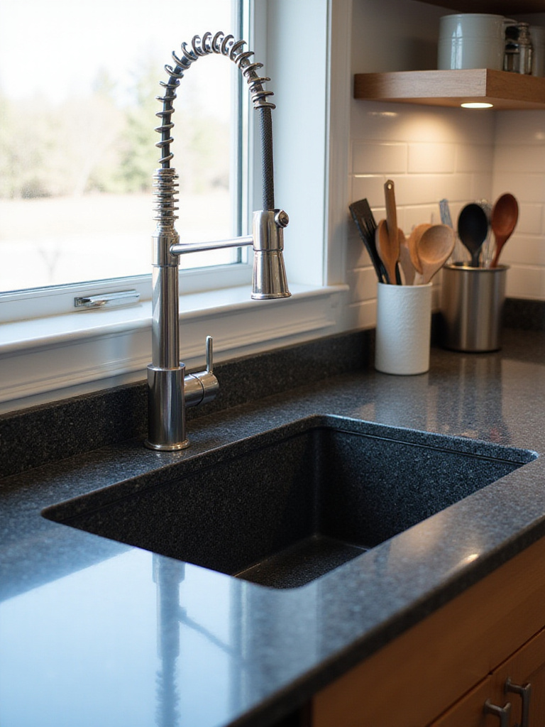 Granite composite sink showcasing scratch resistance in a modern kitchen.