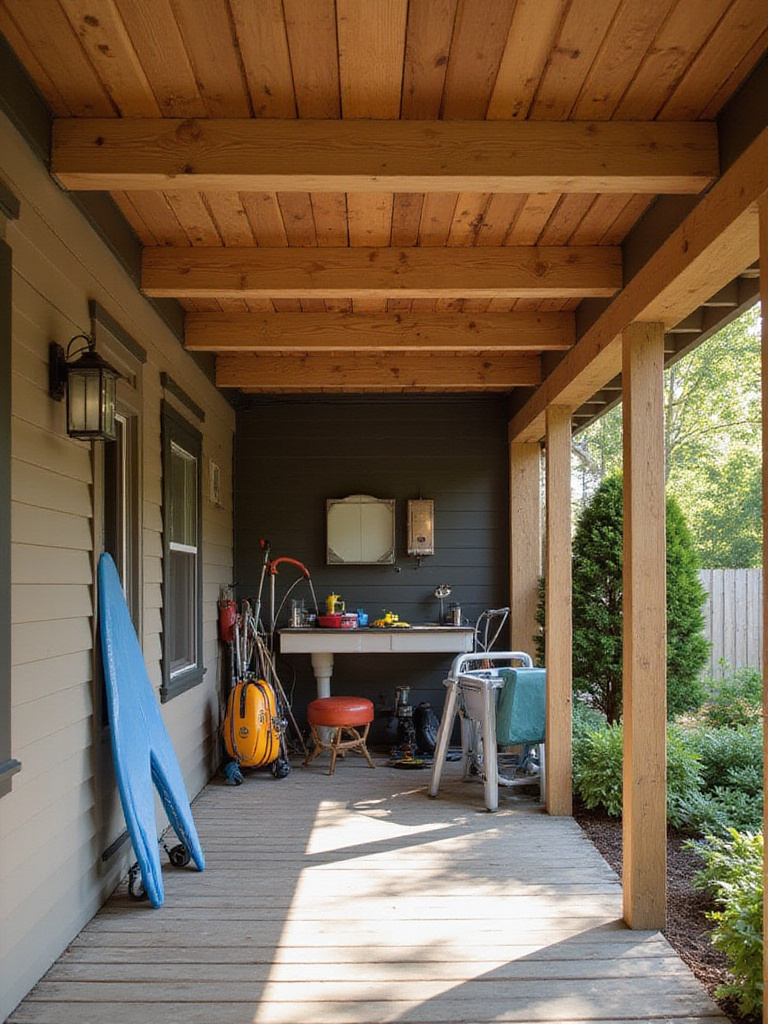 A well-organized under-deck storage area beneath an elevated deck, showcasing outdoor equipment and waterproofing solutions.