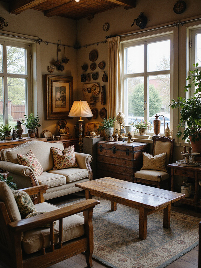 Interior of an antique shop filled with rustic furniture and decor