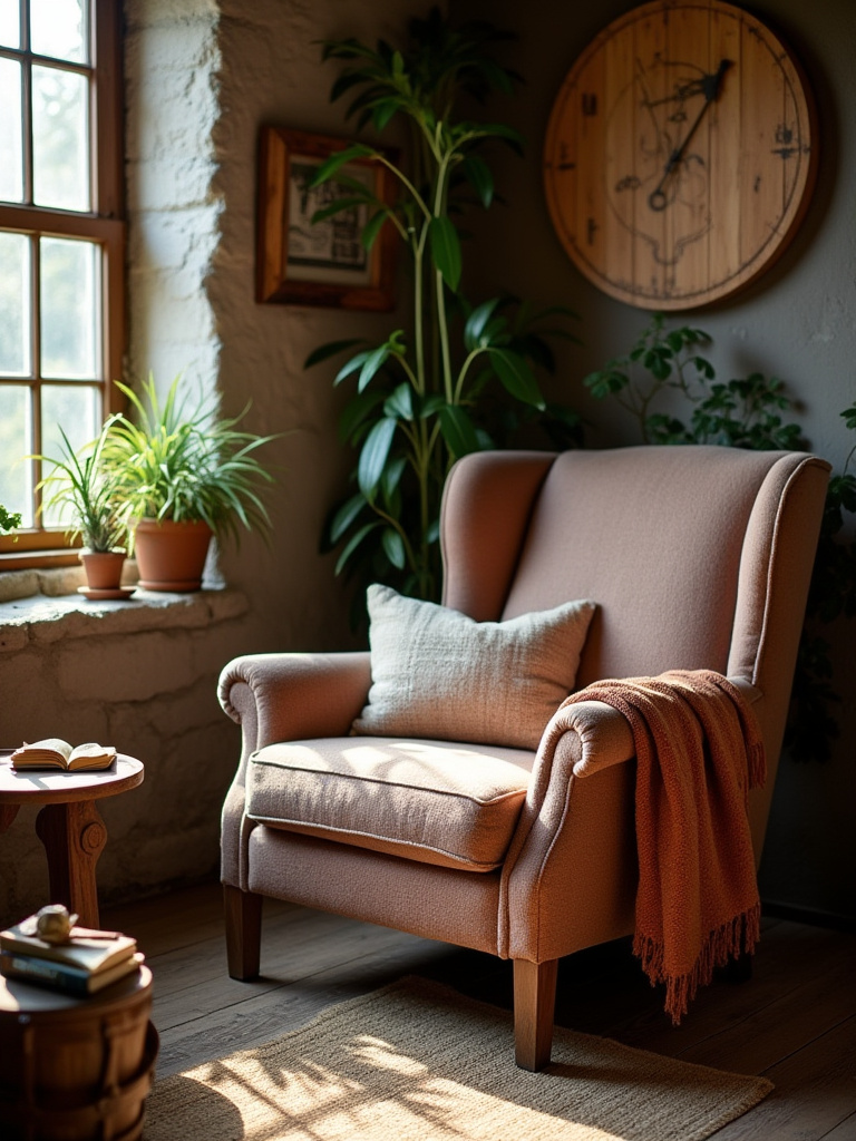 Cozy rustic reading nook with upholstered armchair and warm lighting
