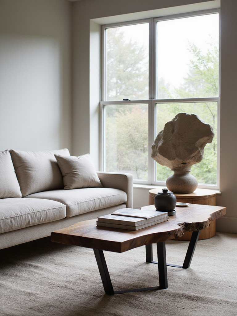 Modern rustic living room featuring sleek furniture and natural elements.