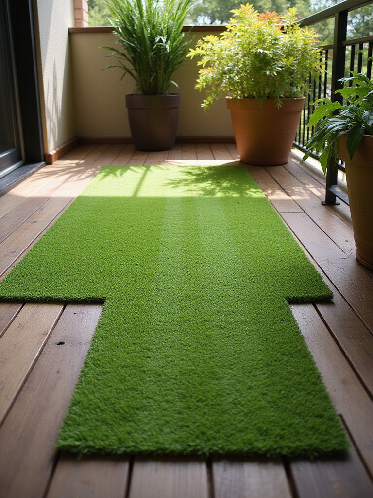 Transformed balcony with interlocking deck tiles and faux grass, showcasing a serene outdoor space.