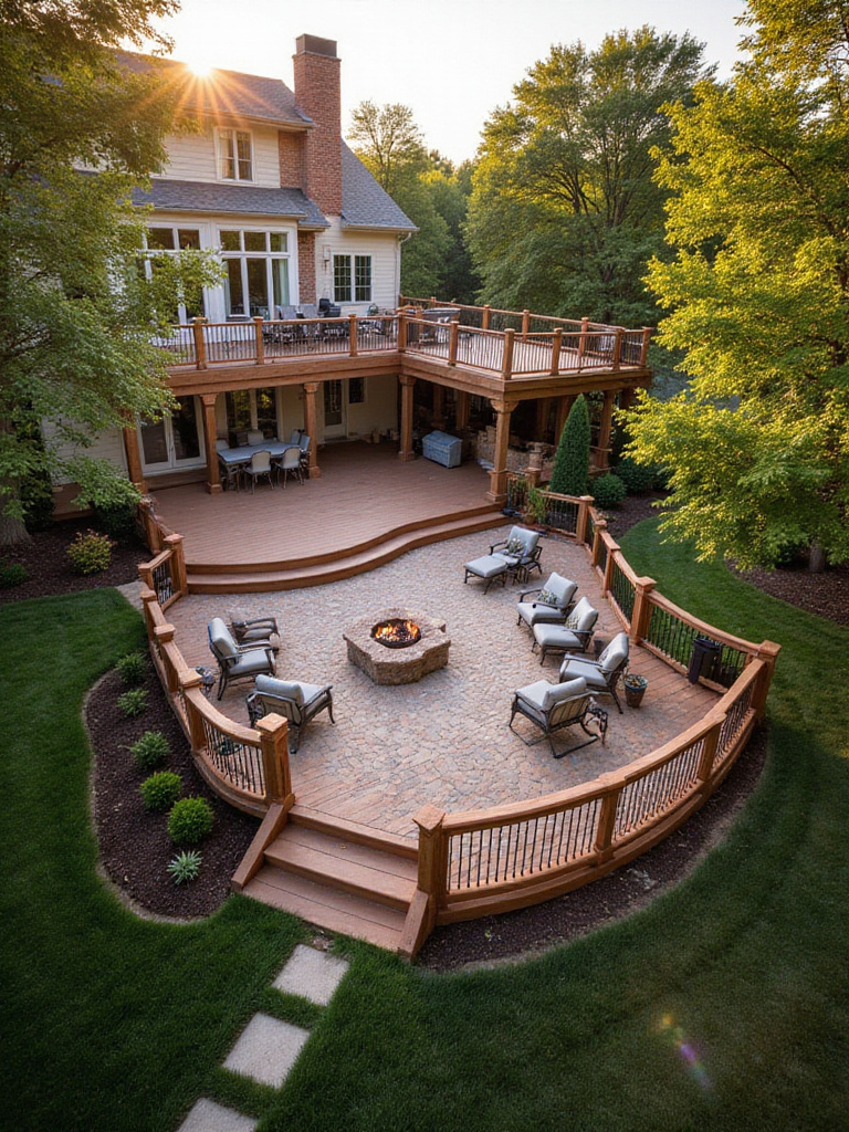 Dynamic multi-level deck layout in a landscaped yard with distinct zones for dining and lounging.