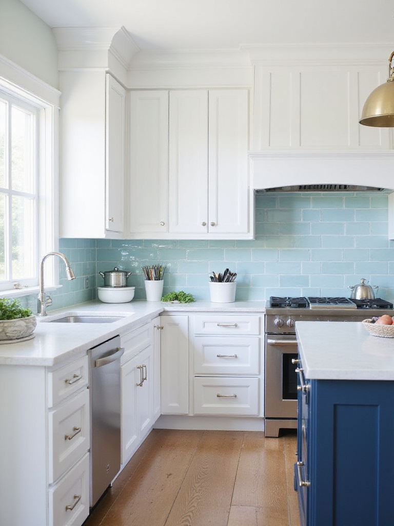 Serene coastal kitchen with white cabinets and blue accents