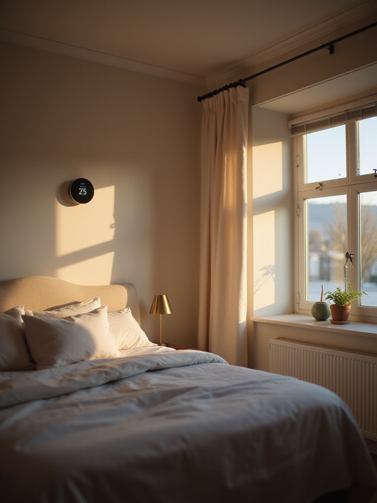 A smart bedroom featuring automated lighting, a smart thermostat, and smart blinds.