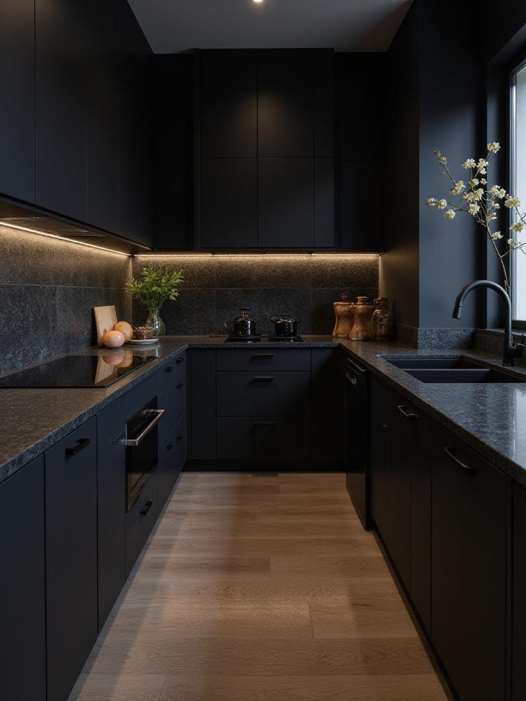 Cohesive all-black kitchen design with matte cabinetry and polished countertops