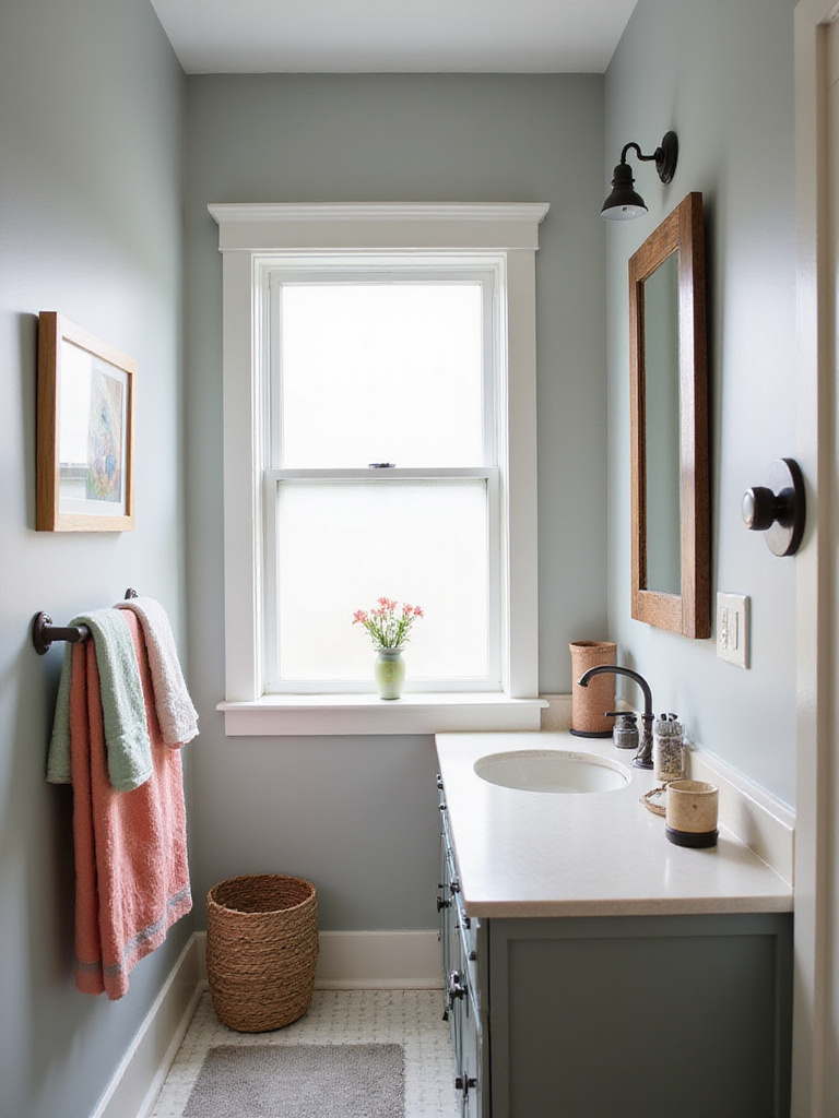 Bright small bathroom with a strategic color palette featuring light walls and colorful accents.