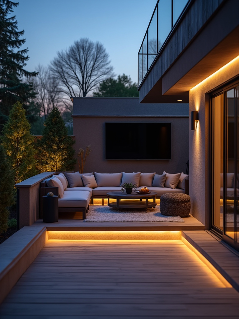 Elegant outdoor deck with integrated technology for entertainment at twilight