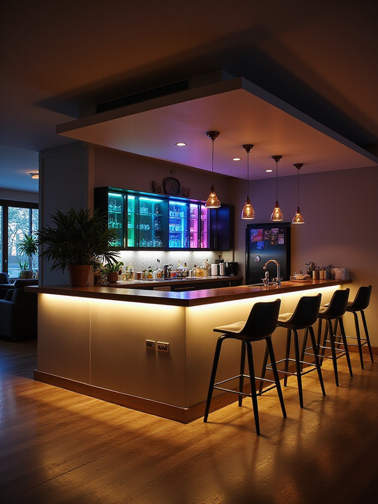 Modern kitchen bar with smart lighting effects