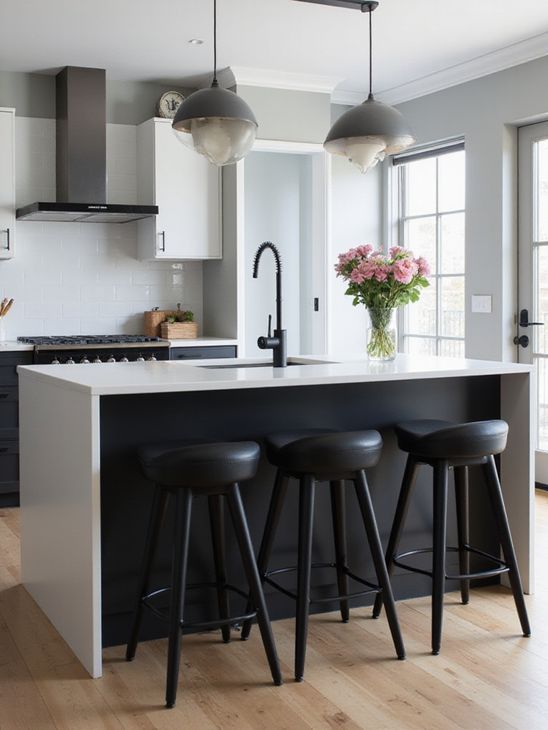 Chic black bar stools around a modern kitchen island