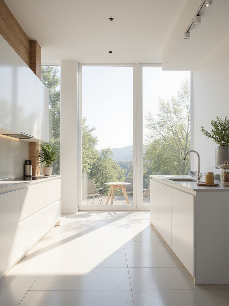 Modern kitchen interior filled with natural light from large windows