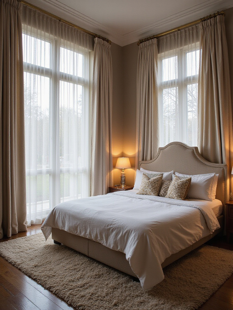 A peaceful bedroom with sound-dampening elements like thick curtains and plush furnishings.