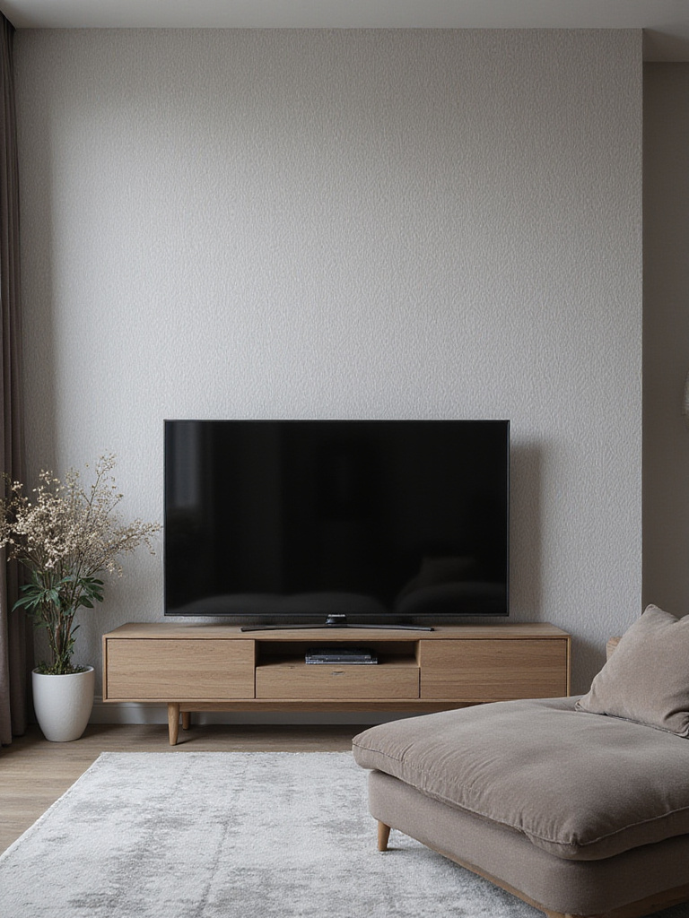 Living room with a TV wall featuring subtle geometric wallpaper pattern