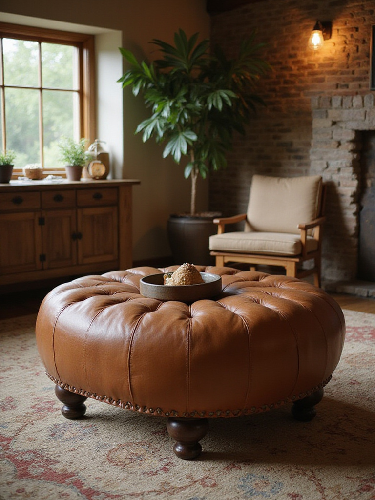 Rustic living room with a leather ottoman as a focal point