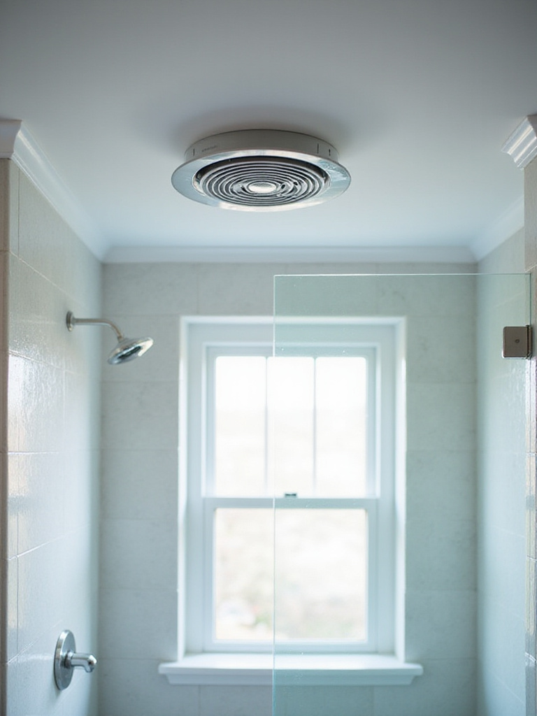 Small bathroom with proper ventilation showing an exhaust fan and modern decor.