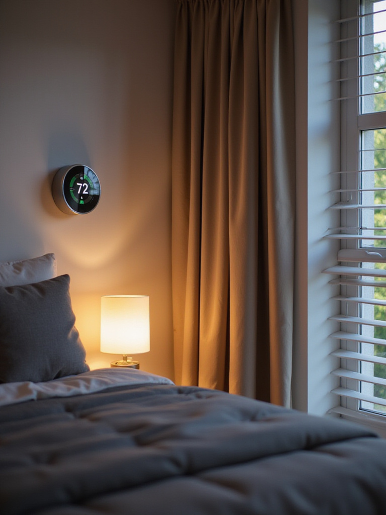 Modern bedroom with smart home technology, featuring smart thermostat, lighting, and blinds.