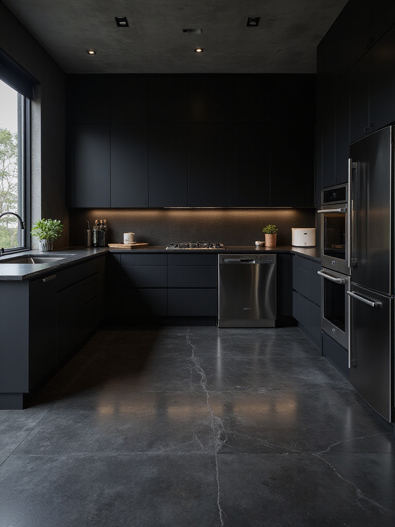 Sophisticated black kitchen featuring large format tile and polished concrete flooring