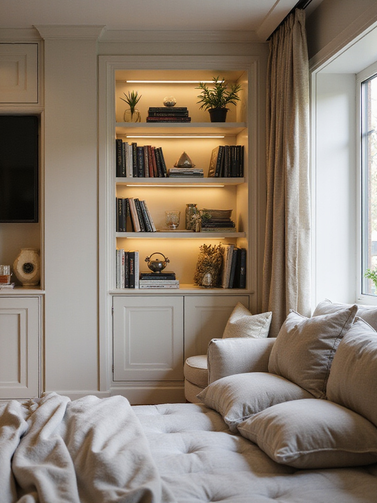 Bedroom with smart built-in shelving and nooks