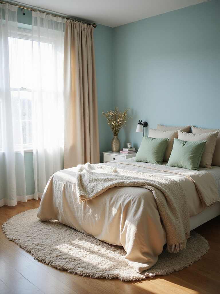Serene bedroom with calming color palette for restful sleep featuring soft blues and neutrals.