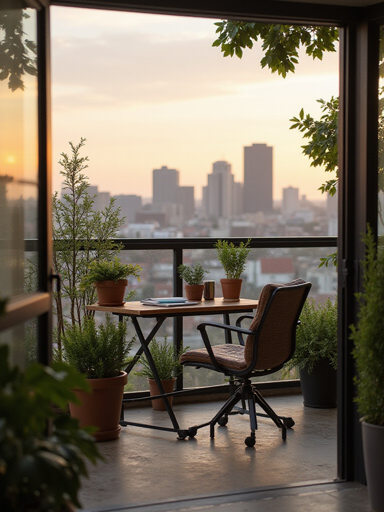 A serene mini outdoor office nook on a balcony with a desk, chair, and plants, illuminated by natural light.