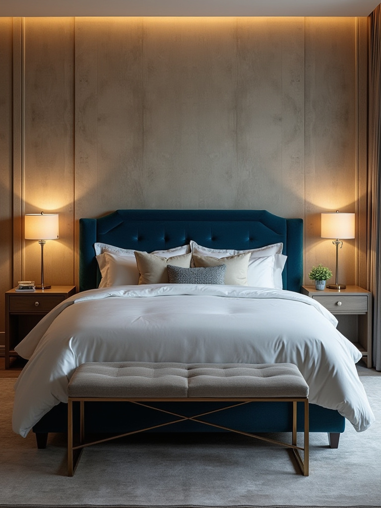 Serene bedroom with a clear focal point featuring a rich jewel-toned headboard and textured accent wall.