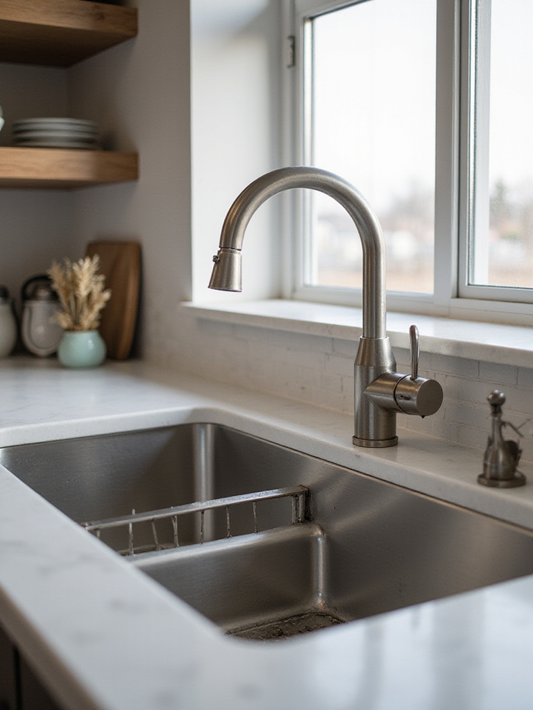 Modern kitchen sink made of durable stainless steel with a brushed finish, elegantly displayed in a well-lit kitchen setting.