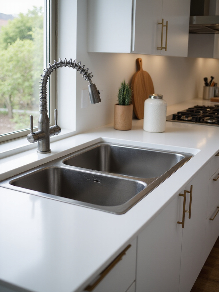 Modern kitchen featuring a low-divide sink with dual-bowl design.