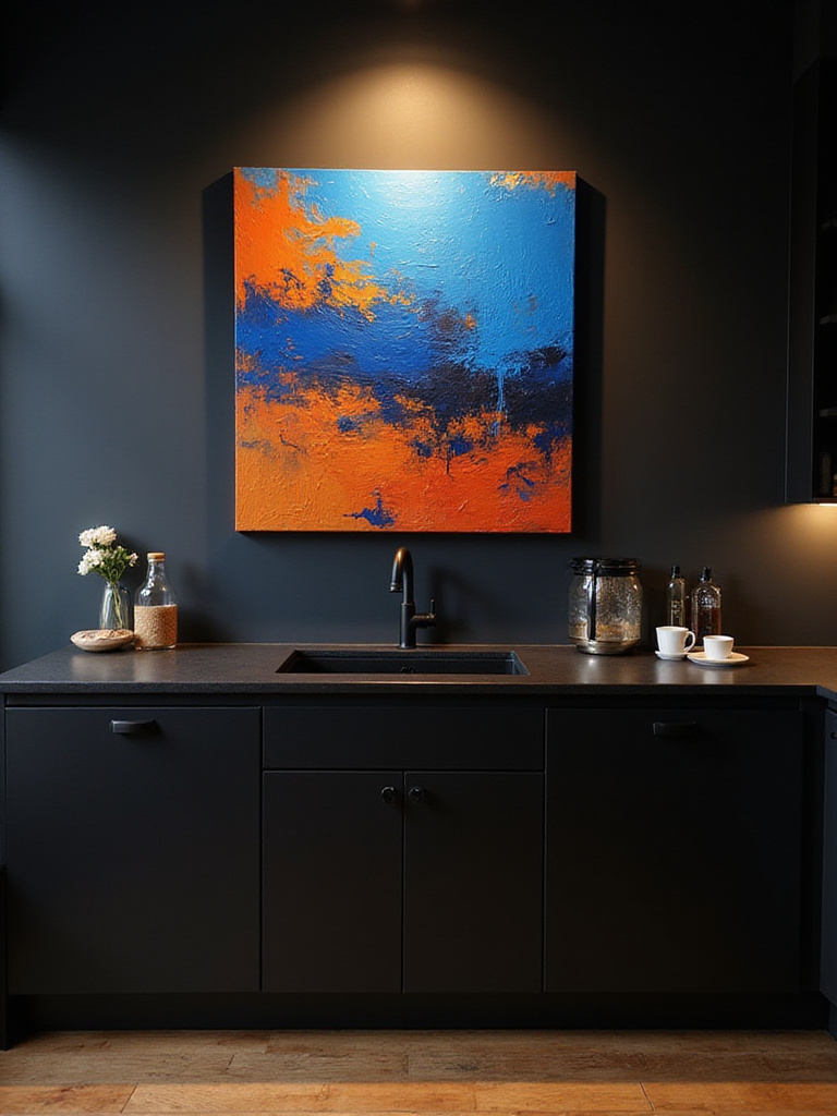 A sleek black kitchen with bold abstract wall art above the sink, showcasing vibrant colors.
