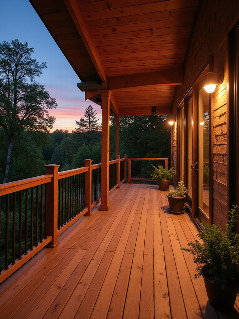 A stylish deck with integrated heating and retractable enclosures, illuminated by warm lighting.