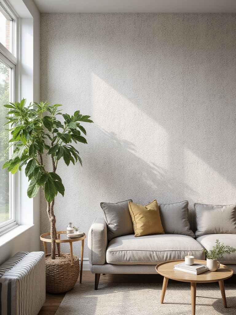 Stylish living room with durable and washable wallpaper accent wall