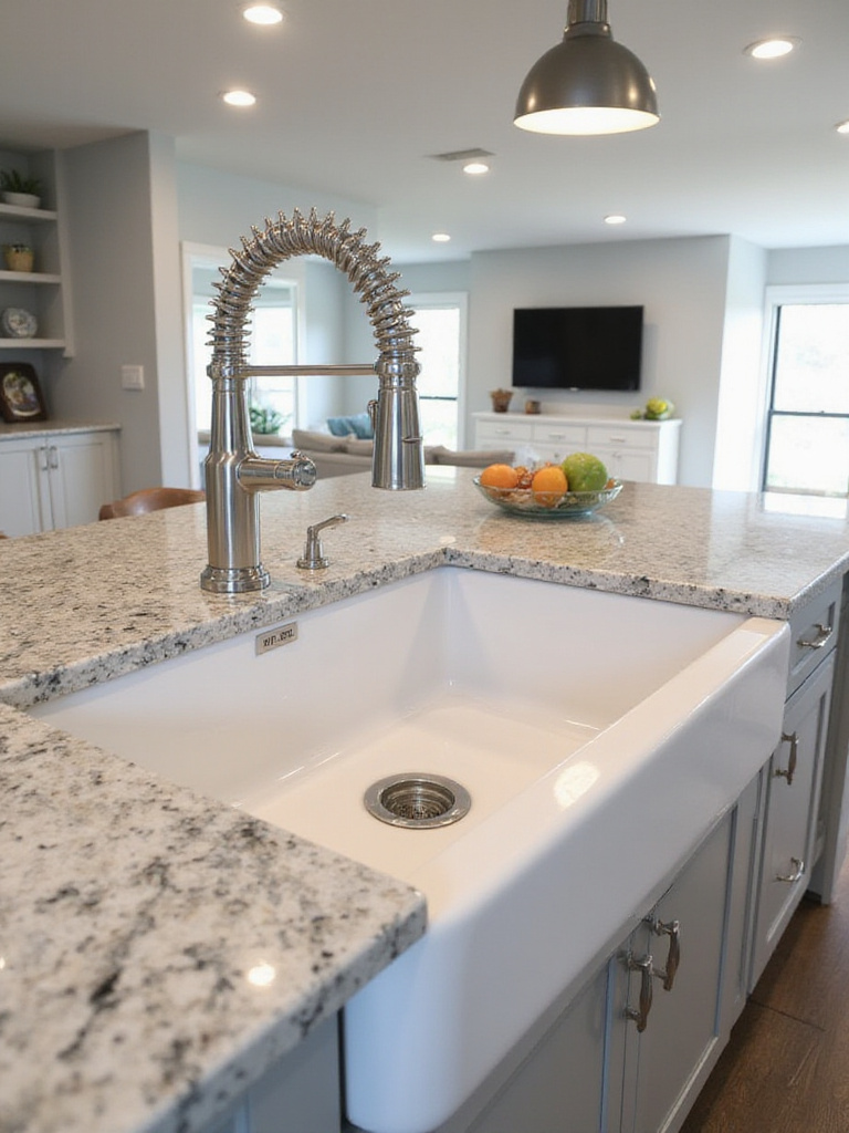 Modern kitchen with a farmhouse sink and granite countertop