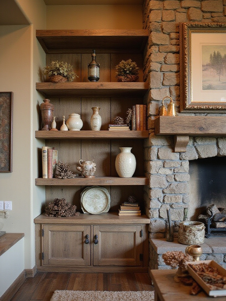 Rustic living room with open shelving units displaying vintage decor items.