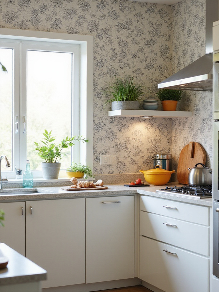 Modern kitchen with peel-and-stick wallpaper accent wall and colorful decor
