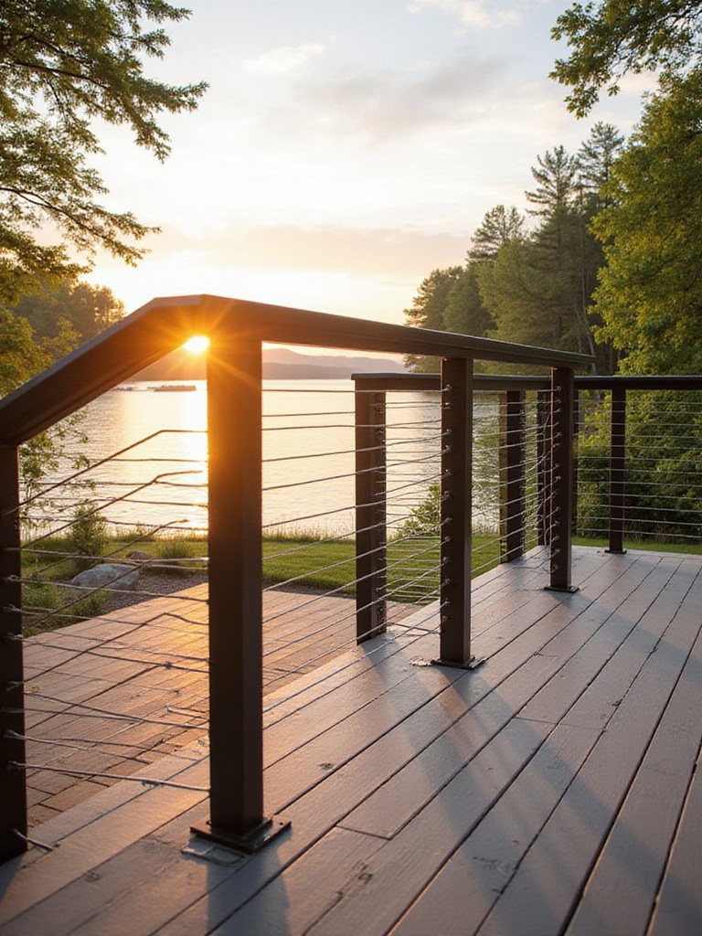 Stylish railings on a modern deck overlooking a serene lake.
