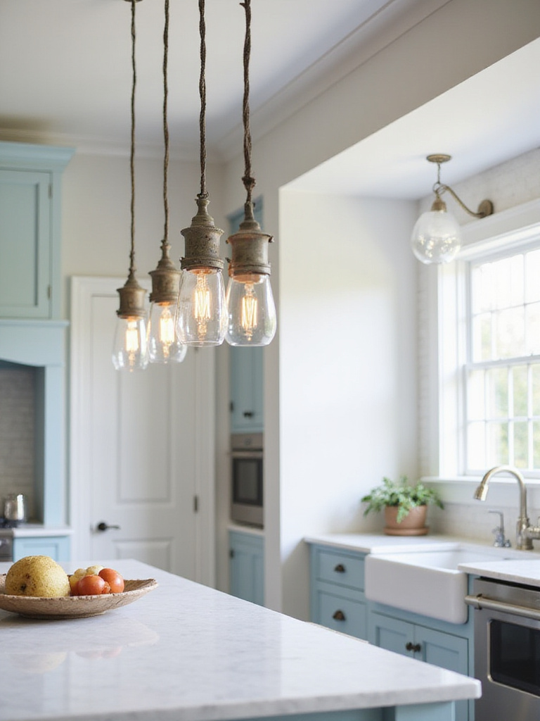 Nautical-inspired pendant lights hanging over a coastal kitchen island