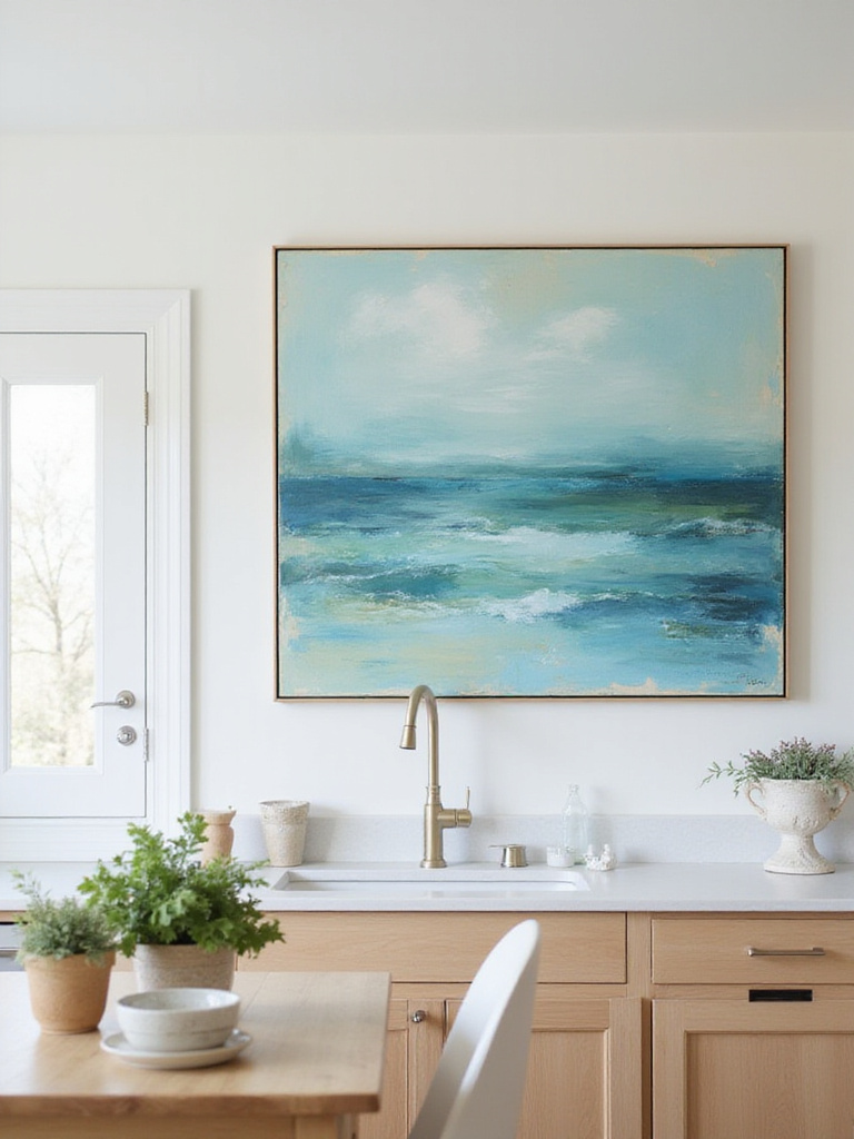 Coastal kitchen featuring ocean-inspired artwork above a kitchen island.