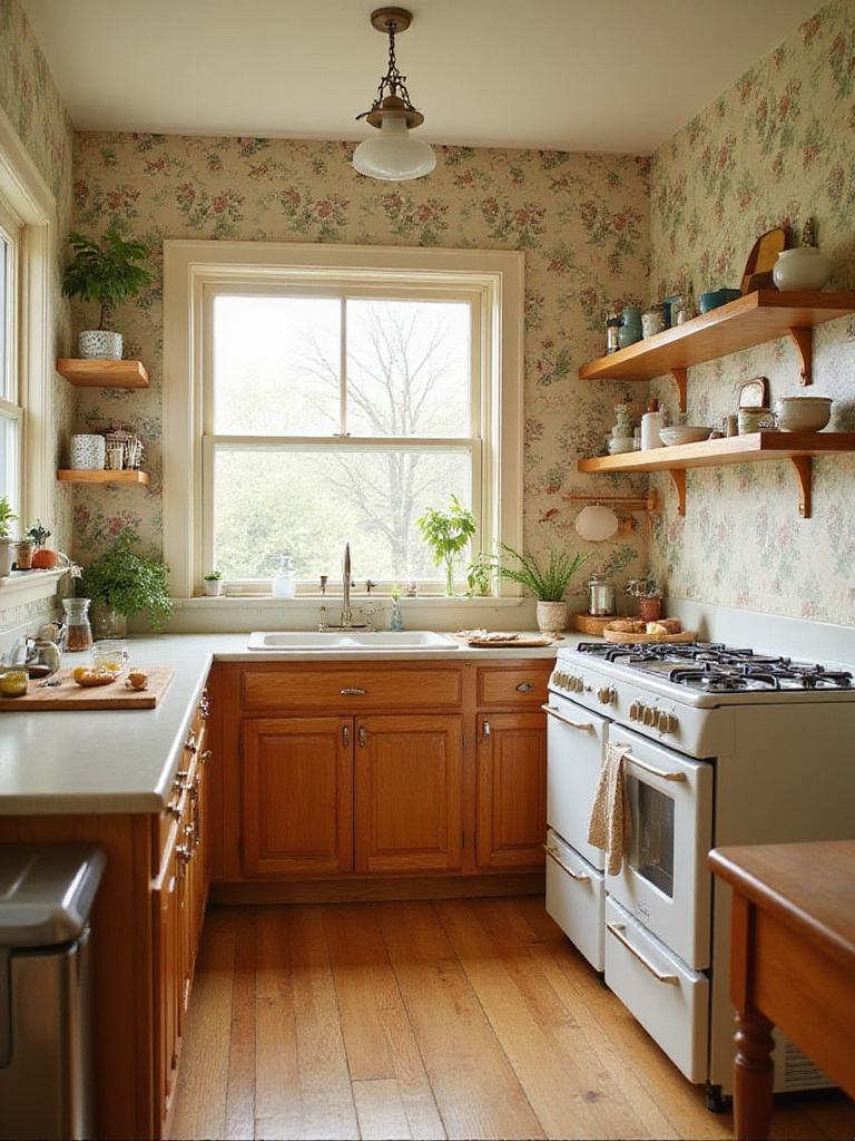 Kitchen with vintage wallpaper showcasing retro patterns