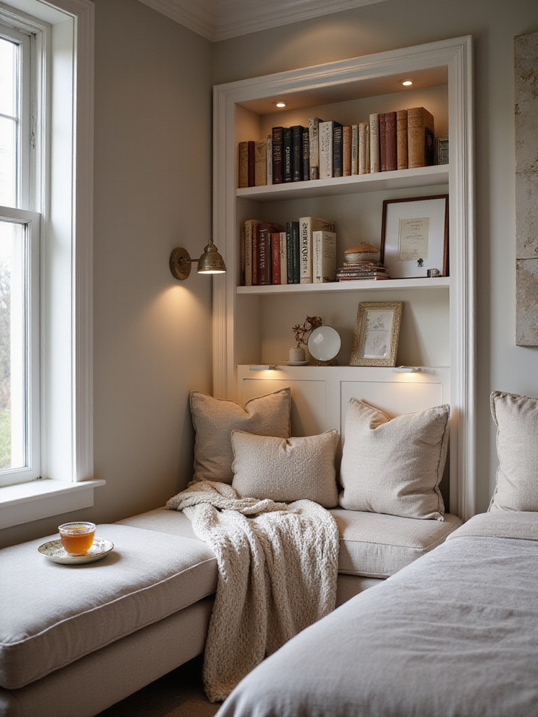 Cozy reading nook with built-in lighting in a sunlit bedroom corner