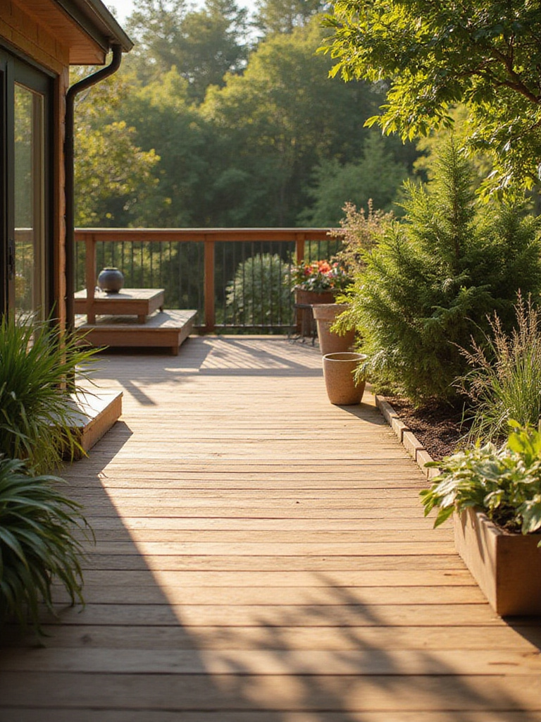 Eco-friendly decking made from sustainable materials surrounded by greenery.