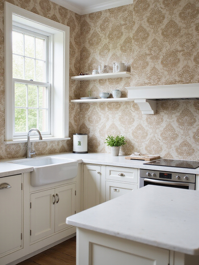 Stylish kitchen with elegant wallpaper design showcasing the decision between DIY and professional installation.