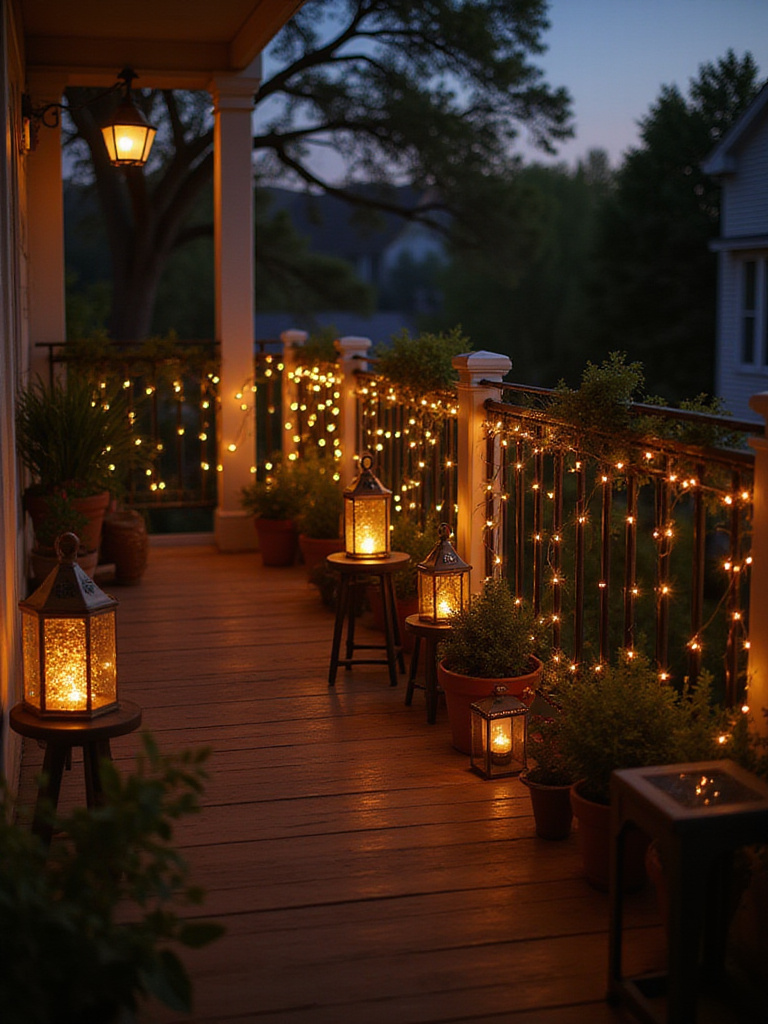 Cozy balcony illuminated with warm string lights and solar lanterns at dusk